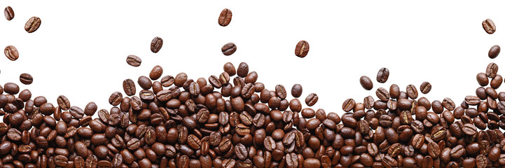 A pile of brown coffee beans, a lot of roasted beans lies and flies, isolated, on a white background - obrazy, fototapety, plakaty