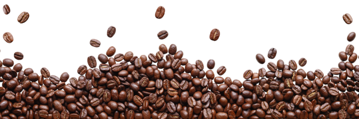 A pile of brown coffee beans, a lot of roasted beans lies and flies, isolated, on a white background