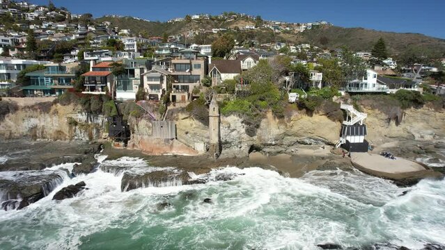 Aerial view of the Pirate Tower at Victoria Beach In Laguna Beach, California