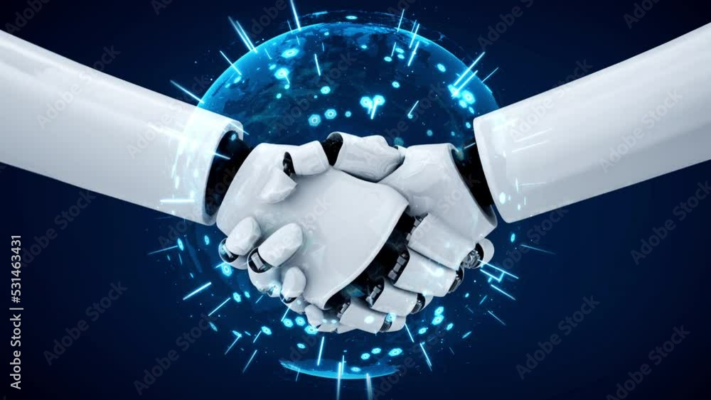 Aufkleber 3d rendering hominoid robot handshake to collaborate future technology development by ai thinking br