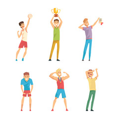 Male athletes celebrating victory set. Sports competition winners standing with hands raised cartoon vector illustration