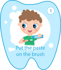 Boy puts the paste on the toothbrush. Daily routine teeth cleaning poster.