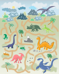 Dinosaurs cute cartoon mountains palm trees ancient world maze children's play tasks and paths forest nature field hand drawn background