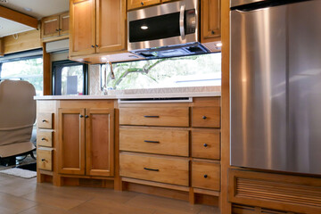 Luxury RV Motorhome kitchen cabinets and appliances