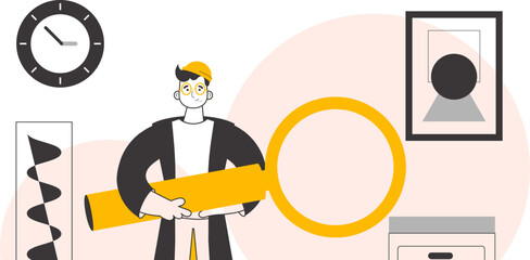 The guy is holding a magnifying glass in his hands. Minimalistic linear style. Vector illustration.