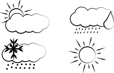 Vector set of weather icons (cloudy, rain, snow, sunny) made in black and white with lines