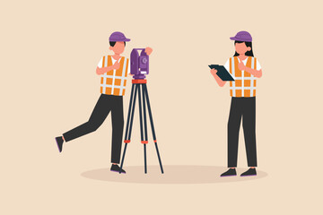 Female boss give direction to staff  using theodolite or total positioning station on the construction site of the road. Boss move concept. Colored flat graphic vector illustration isolated.