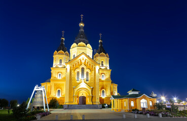 Night view of Alexander Nevsky Novoyarmarochny Cathedral and cathedral bell in Nizhny Novgorod....