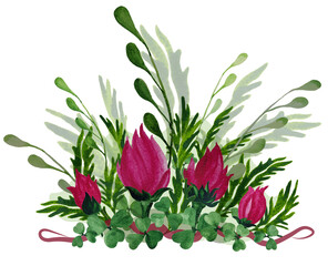 Watercolor floral bouquet frame. Crimson buds and leaves. Floral clipart