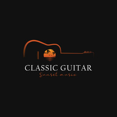 classic guitar and sunset logo, sunset music, vector illustration