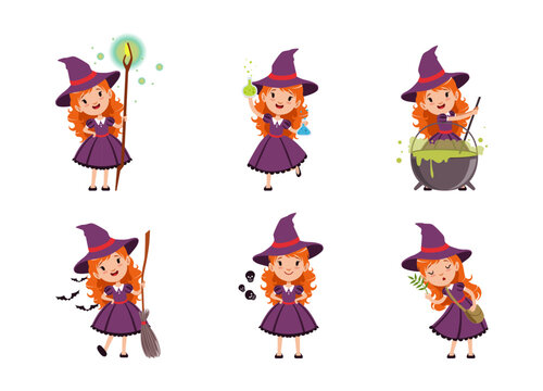 Cute little girl witches set. Beautiful redhead girl dressed purple dress and pointed hat practicing witchcraft cartoon vector illustration
