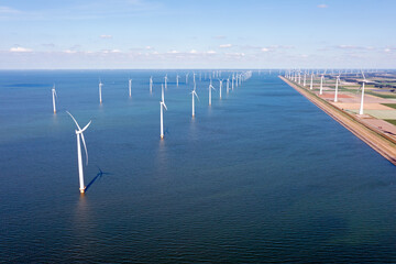 Aerial from wind turbines in the IJsselmeer in Friesland  in the Netherlands - obrazy, fototapety, plakaty