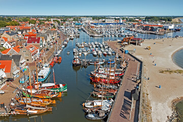 Aerial from the traditional town Urk and the harbor in the Netherlands - obrazy, fototapety, plakaty