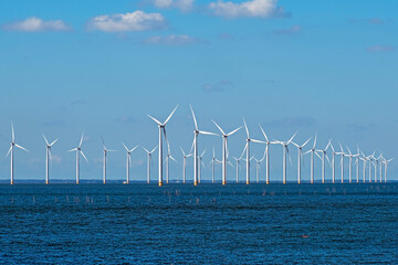 Wind turbines in the IJsselmeer in Friesland  in the Netherlands - obrazy, fototapety, plakaty