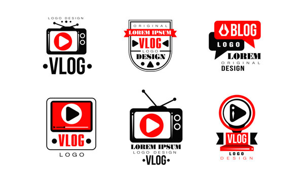 Vlog and blog logo design set. Video blog channel buttons for streaming, live broadcast vector illustration