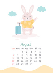 August 2023 calendar. Cute white bunny with travel bag. Summer vacation, hello summer. The year of the Rabbit, bunny symbol of 2023. Week starts on Sunday. Vector illustration