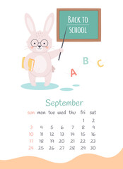 September 2023 calendar. Cute bunny teacher standing near school board. The year of the Rabbit, bunny symbol of 2023. Week starts on Sunday. Vector illustration