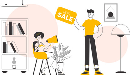 The concept of searching, buying and selling real estate. Realtor team. Lineart minimalistic style. Vector illustration.