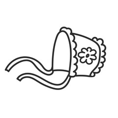 Baby bonnet for a newborn in hand drawn doodle style. Hat for baby boy or baby girl with ribbons. Cute as visual aid for learning a foreign language or illustrative study guide or for coloring.