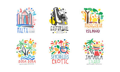 Tropical islands labels set. Malta, Easter, Madagascar, Bora Bora, Seychelles, Jamaica badges for tourist agency, tropical party, exoic vacation design hand drawn vector illustration - obrazy, fototapety, plakaty