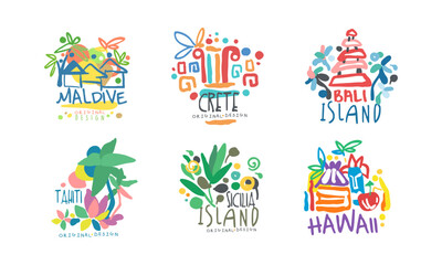 Tropical islands labels set. Maldive, Crete, Bali, Tahiti, Sicilia, Hawaii badges for tourist agency, tropical party, exoic vacation design hand drawn vector illustration