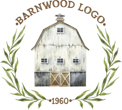 Hand painted watercolor Farmhouse Logo, Barn and Branches