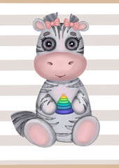 Cute watercolor baby zebra girl with toy on a stripe background. Hand drawn adorable aquarelle baby zebra poster, illustration. Designed for kids greeting cards, frame art, nursery room, clothes.