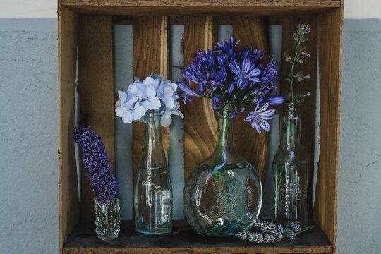 Beautiful shot of assorted colorful flowers in individual vases on a wooden shelf