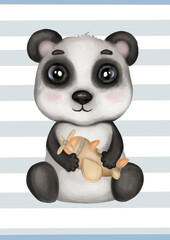 Cute watercolor baby panda boy with plane on a stripe background. Hand drawn adorable aquarelle poster, illustration. Designed for kids greeting cards, frame art, nursery room, clothes, baby showers.