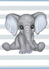 Cute watercolor baby elephant boy on a stripe background. Hand drawn aquarelle poster, illustration. Designed for kids greeting cards, frame art, nursery room, clothes, baby showers.