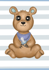 Cute watercolor baby grizzly bear boy with nipple on a stripe background. Hand drawn aquarelle poster, illustration. Designed for kids greeting cards, frame art, nursery room, clothes, baby showers.