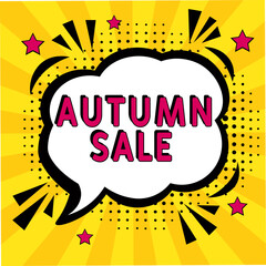 Obraz premium Comic lettering autumn sale. Vector bright cartoon illustration in retro pop art style. Comic text sound effects. autumn sale text. Comic book explosion with text autumn sale promotion symbol.