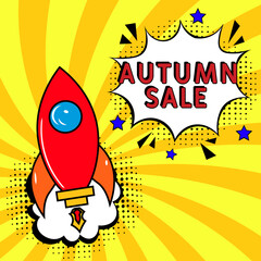 Comic lettering autumn sale. Vector bright cartoon illustration in retro pop art style. Comic text sound effects. autumn sale text. Comic book explosion with text autumn sale promotion symbol.