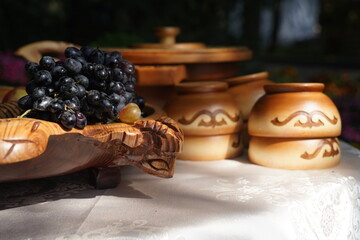Wooden carved tableware with Kazakh national pattern