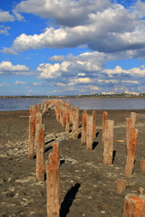 The remains of an old wooden pier on a salty estuary, under a cloudy sky.