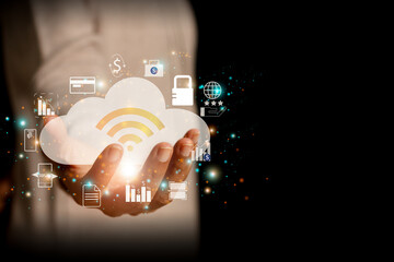 business woman holding cloud icon global network connection internet communication Wi-Fi wireless connection technology, future technology with icon shape. Creative ideas for technology.