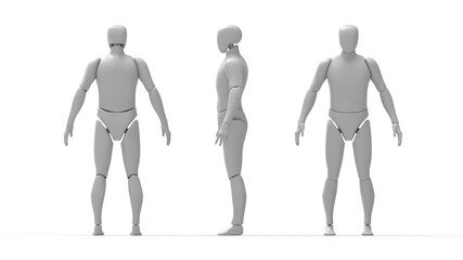 3D rendering of a dummy robot man person model blank template isolated in studio background. 3D computer generated person posing multiple views side front back.