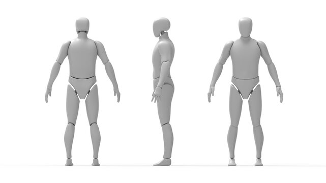 3D Rendering Of A Dummy Robot Man Person Model Blank Template Isolated In Studio Background. 3D Computer Generated Person Posing Multiple Views Side Front Back.