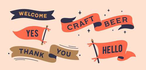 Set vintage graphic. Ribbon, flag, board with text Welcome, Craft Beer, Yes, Thank You, Hello. Isolated vintage old school set ribbon banner. Retro set vintage flag, ribbon. Vector Illustration - 531472055