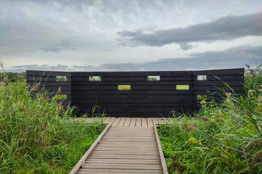 Wooden barrier with holes that serves as a bird watching place in nature area 't Weegje near Gouda, Netherlands