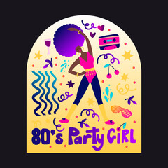 Retro party 80s African American woman fitness poster with gradient lettering 70s vintage disco dance flyer, cartoon character vector person