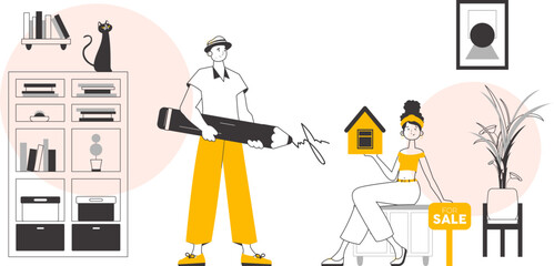Realtor team. Linear trendy style. Vector illustration.