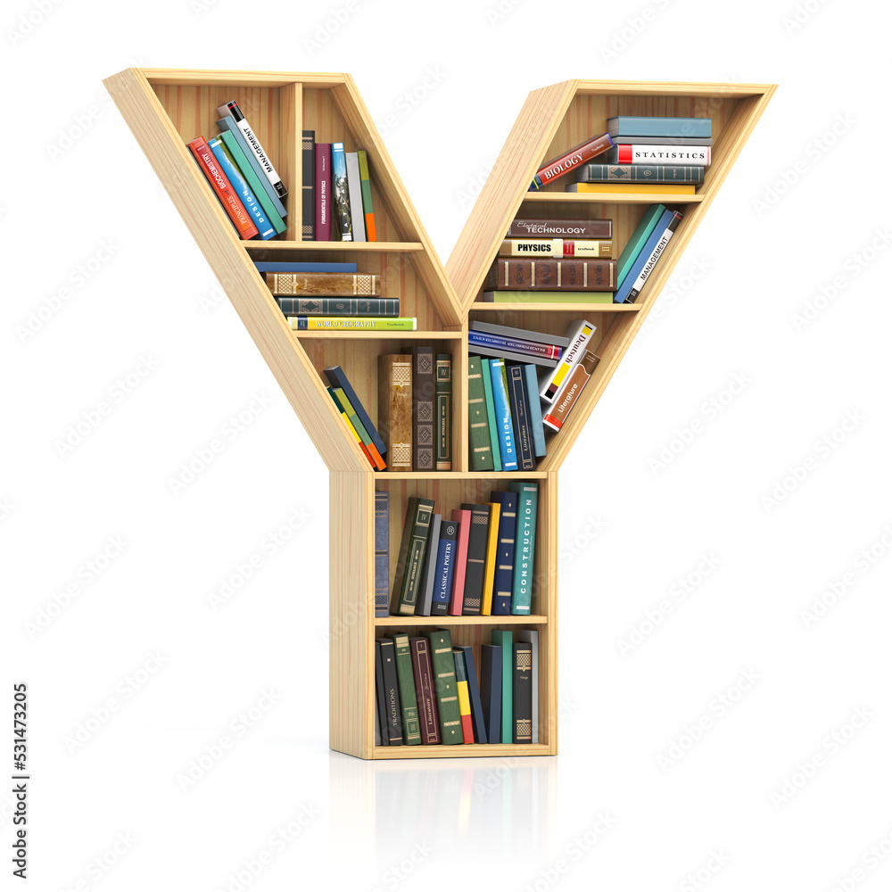 Poster Letter Y in form of bookshelf with book and texbooks. Educational and learning conceptual font and alphabet.