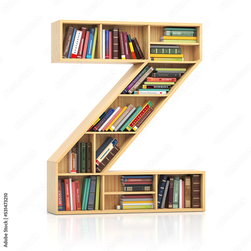 Aufkleber Letter Z in form of bookshelf with book and texbooks. Educational and learning conceptual font and alphabet.