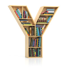 Letter Y in form of bookshelf with book and texbooks. Educational and learning conceptual font and alphabet.