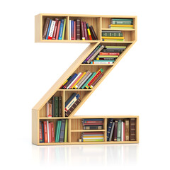 Letter Z in form of bookshelf with book and texbooks. Educational and learning conceptual font and alphabet.
