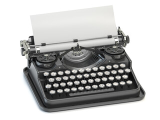 Vintage typewriter with blank sheet isolated on white.