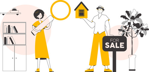 Realtor team. The concept of searching, buying and selling real estate. Linear trendy style. Vector illustration.