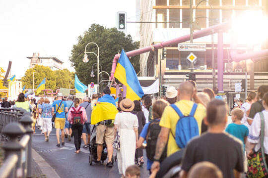 Berlin, Germany 24 august 2022: Peaceful march of Ukrainians through Berlin on Ukraine's Independence Day