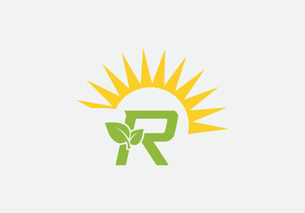 Eco solar logo vector and green energy sun vector letter R